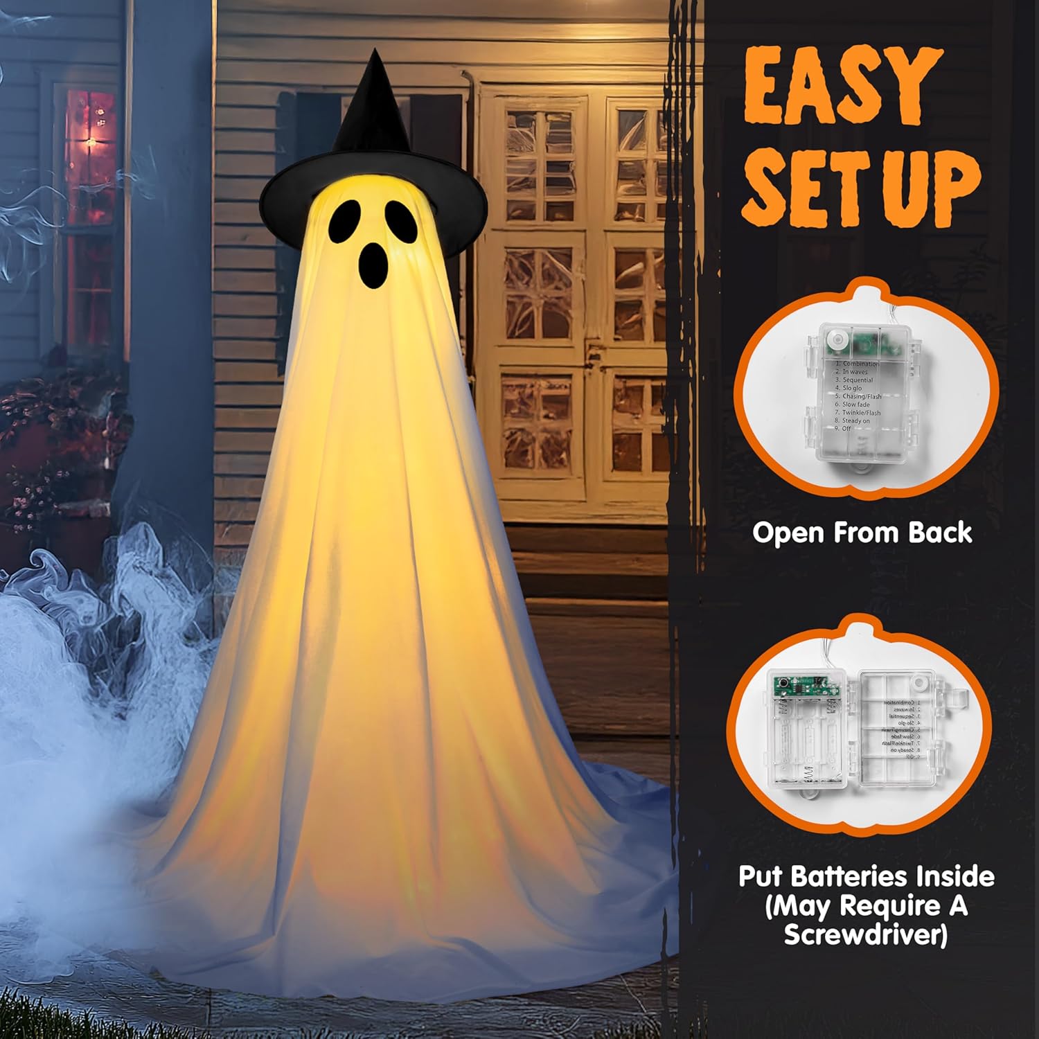 JOYIN 2 Packs 47'' Halloween Decorations Outdoor Standing Ghost, Light Up Spooky Ghost with Witch Hat & Remote Control, Glowing Halloween Decor for Yard Porch Lawn Garden Party Supplies Haunted House