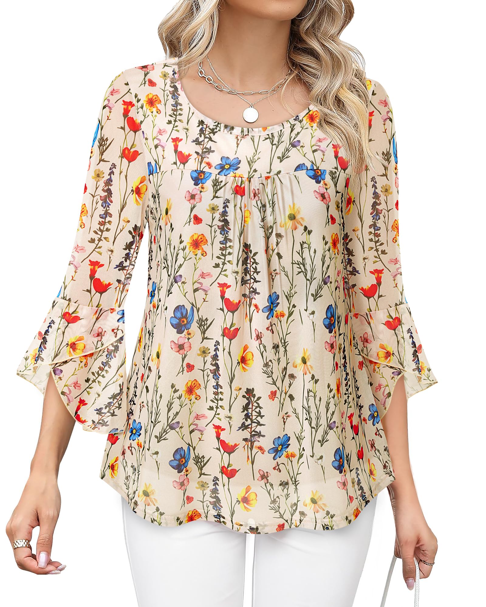 Bebonnie Women's Ruffle 3/4 Sleeve Elegant Dressy Blouses Crew Neck Double Layers Mesh Tunic Tops