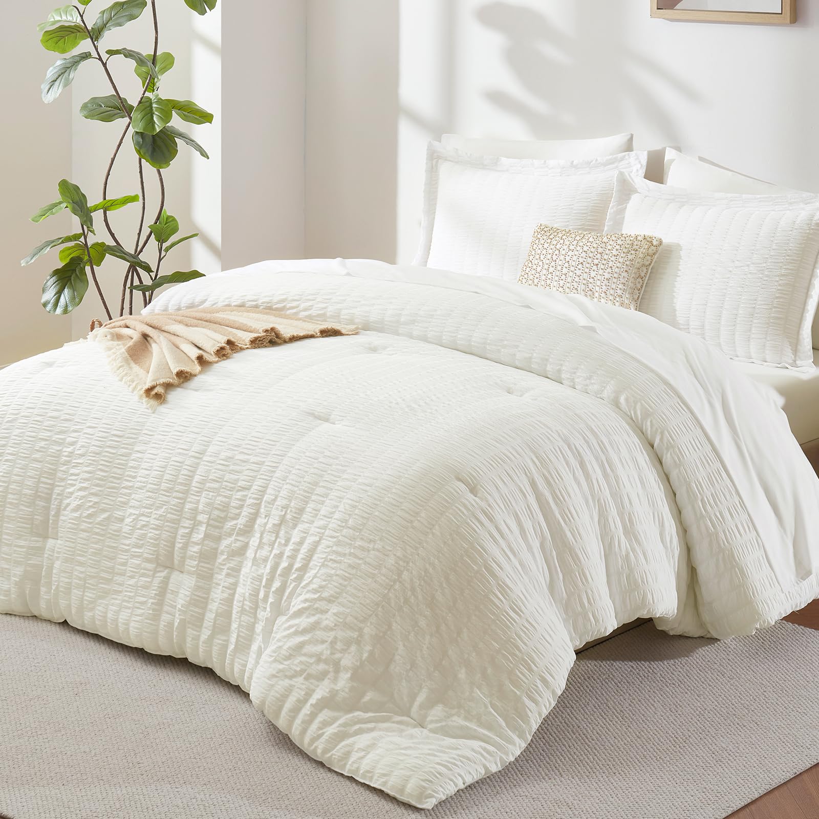 CozyLux Queen Comforter Set White Seersucker 7 Pieces Bed in a Bag Queen Comforter Set with Sheets, Luxury Soft Bedding Set with Down Alternative Comforter, Sheets, Pillowcases & Shams for All Seasons