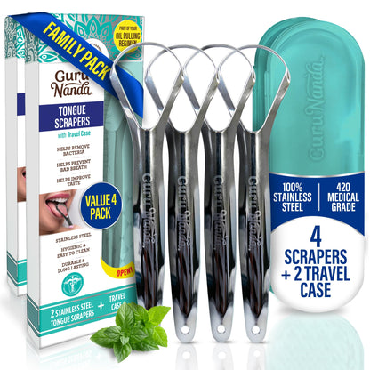 GuruNanda Tongue Scraper for Adults (2 Pack) with Travel Case, 420 Medical-Grade 100% Stainless Steel Tongue Cleaner, Aids in Fresh Breath & Oral Care