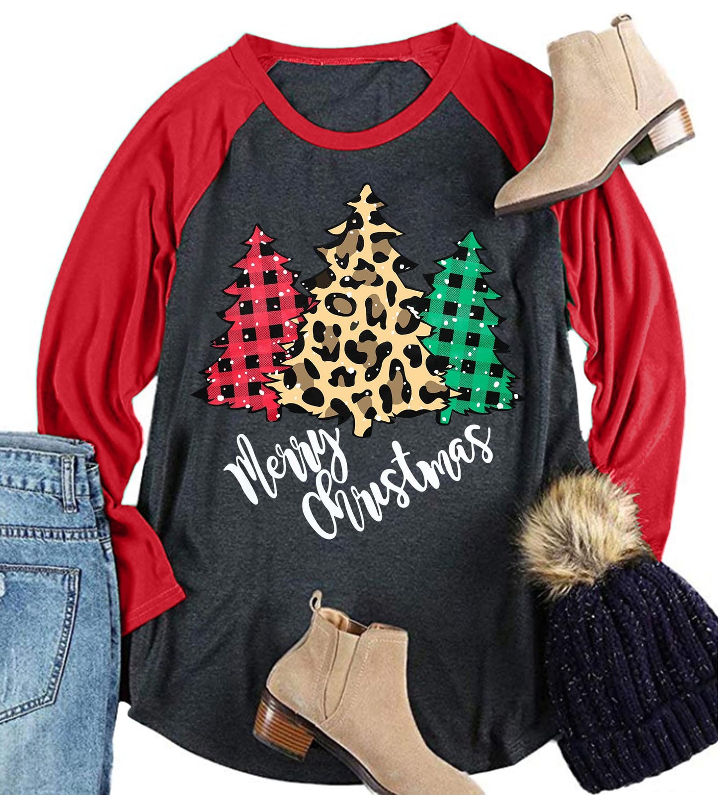 Plus Size Christmas T Shirt Women Xmas Leopard Plaid Trees Print Tees Casual Long Sleeve Holiday Shirts Top