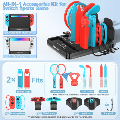 Switch Sports Accessories Kit with Storage Station - Compatible with Switch/OLED & Joy-con, Ideal for Family Sports Party Game Storage and Organization Wii U PS3 Interactive Gaming Figures