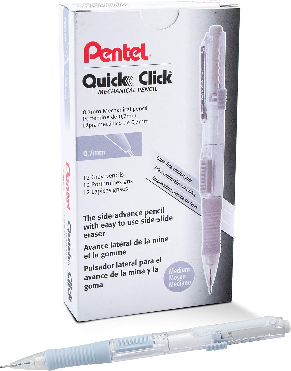 Pentel Quick Click Mechanical Pencil, (0.7mm), Medium, Gray Barrel, Box of 12 Pencils (PD217N)