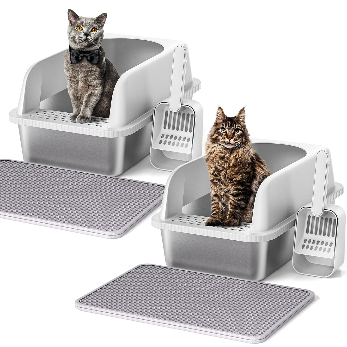 Stainless Steel Cat Litter Box with Lid, 24" L x 16" W x 11.8" H, Extra Large Litter Box for Big Cats with High Sided, Anti-Urine Leakage, Easy Cleaning, Include Cat Mat and Scoop