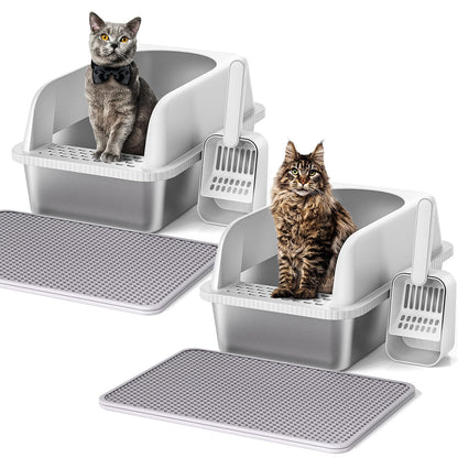 Stainless Steel Cat Litter Box with Lid, 24" L x 16" W x 11.8" H, Extra Large Litter Box for Big Cats with High Sided, Anti-Urine Leakage, Easy Cleaning, Include Cat Mat and Scoop