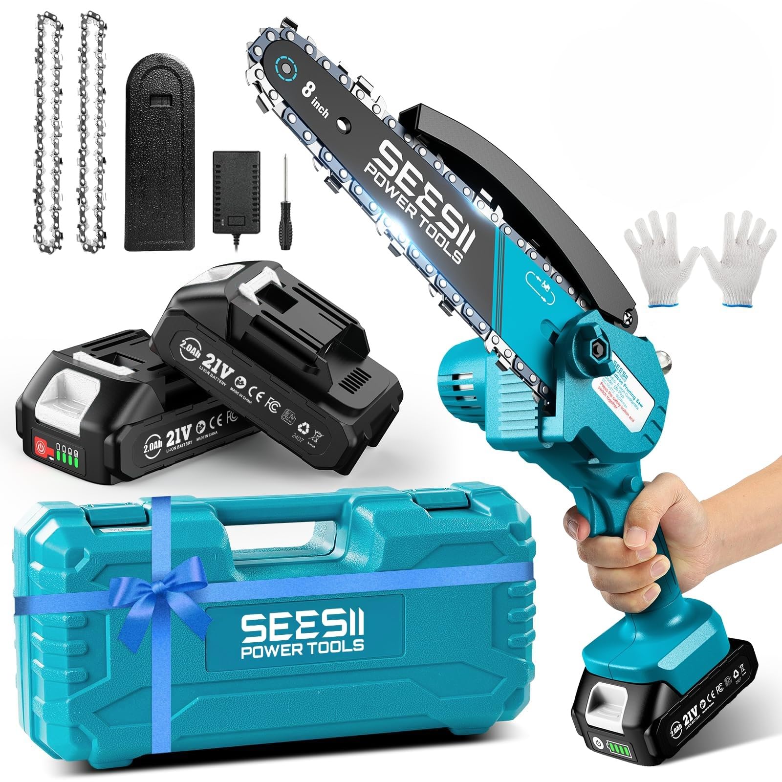 Seesii Mini Chainsaw, 6-inch Mini Chainsaw Cordless, Handheld Electric Power Chain Saw with 2 Batteries, for Tree Trimming Wood Cutting, Best Gifts for Father, Dad, Husband, Men