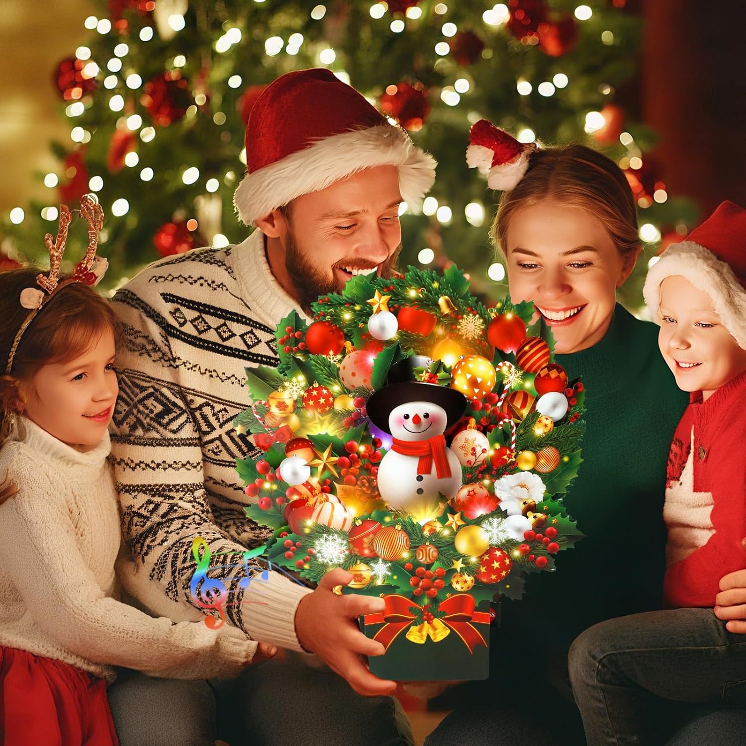 Christmas Cards with Lights and Music, Christmas Bouquet with Snowman, Popup Musical Greeting Card for Holiday New Year