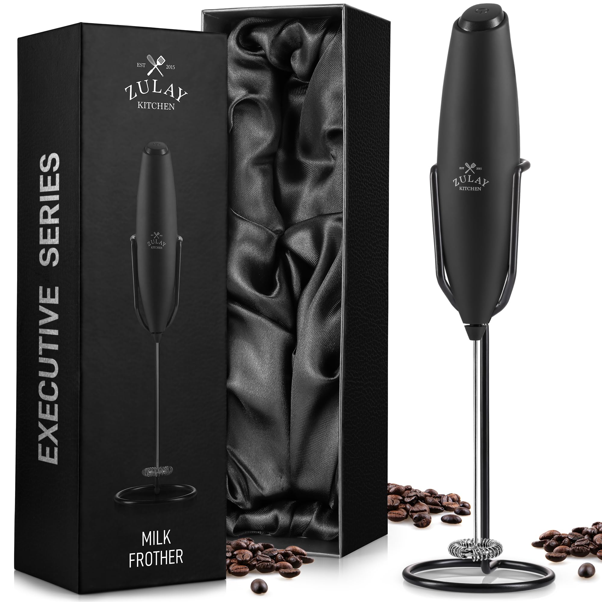 Zulay Kitchen Powerful Milk Frother Wand With 2 Duracell Batteries - Ultra Fast Handheld Drink Mixer - Electric Whisk Foam Maker for Coffee, Lattes, Cappuccino, Matcha, Hot Chocolate & Creamer - Black