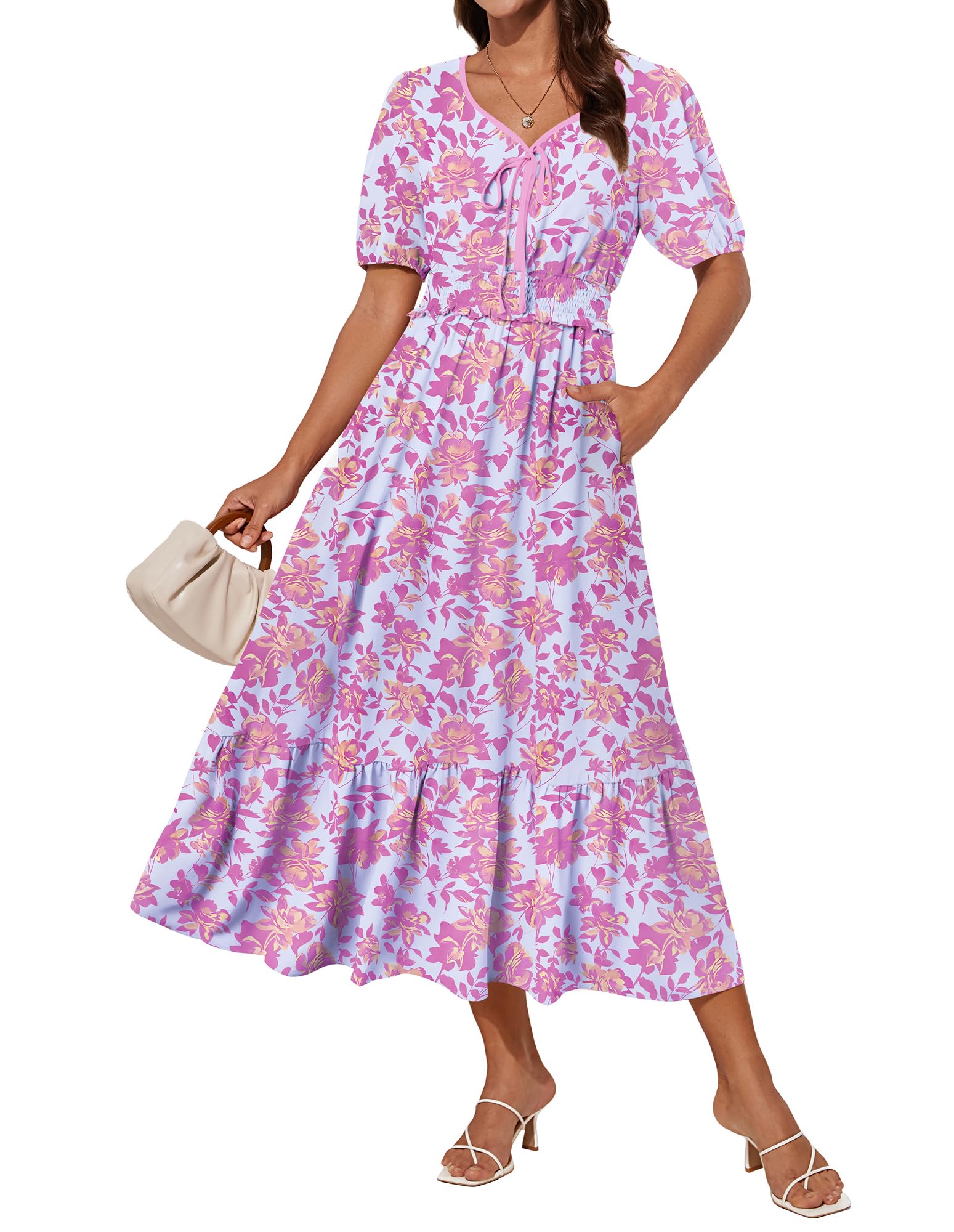 GRACE KARIN 2025 Women's Summer Floral Flowy A Line Midi Dresses Elegant Short Sleeve Smocked V-Neck Tiered Dresses