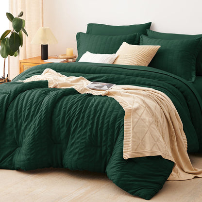 CozyLux Queen Comforter Set White Seersucker 7 Pieces Bed in a Bag Queen Comforter Set with Sheets, Luxury Soft Bedding Set with Down Alternative Comforter, Sheets, Pillowcases & Shams for All Seasons