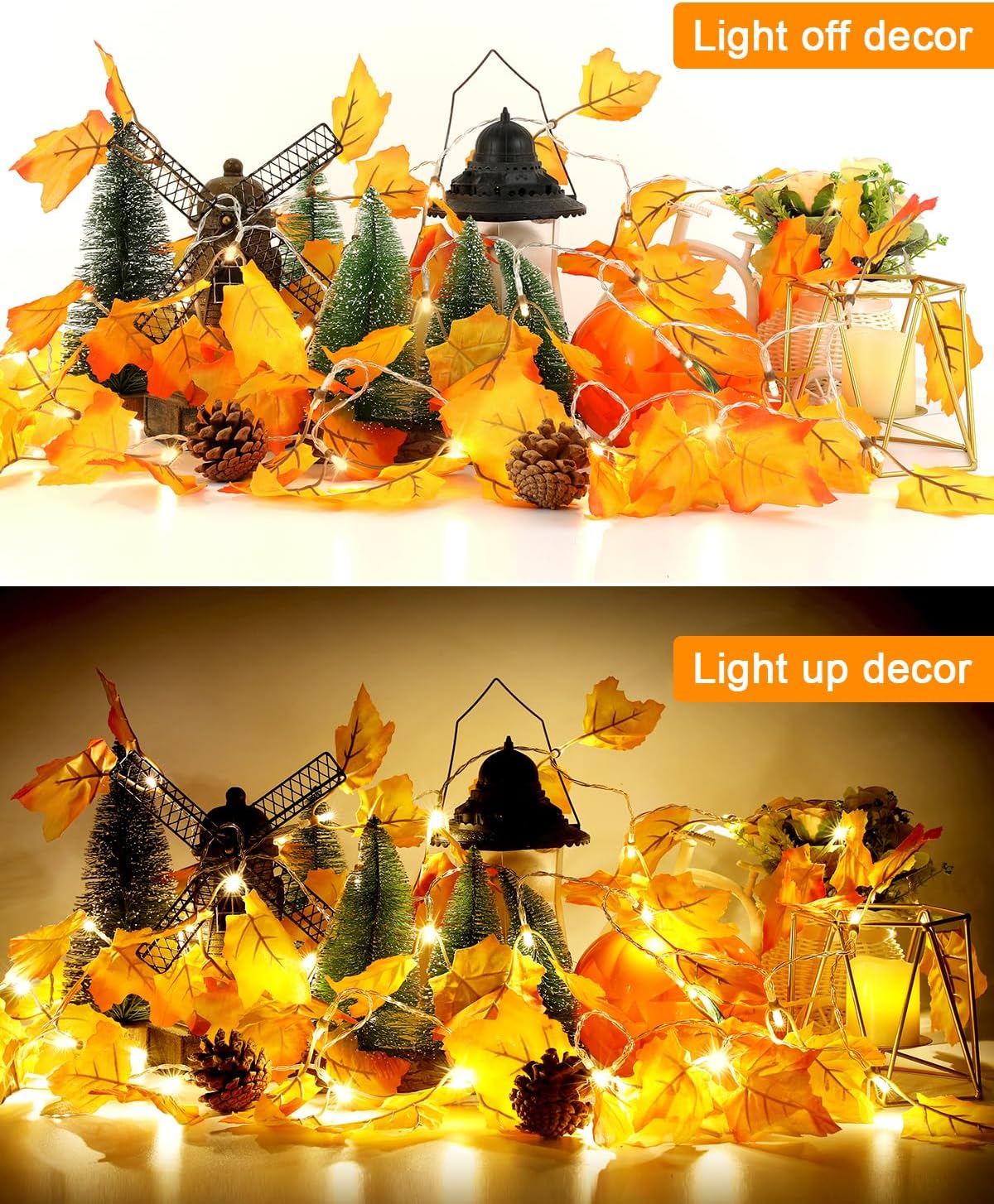 Luditek Fall Decor 3-Pack Fall Leaf Garland with Lights, Total 24.6ft 60 LED Halloween String Lights, Thanksgiving Decorations for Home Holiday Autumn Indoor Friendsgiving Gift