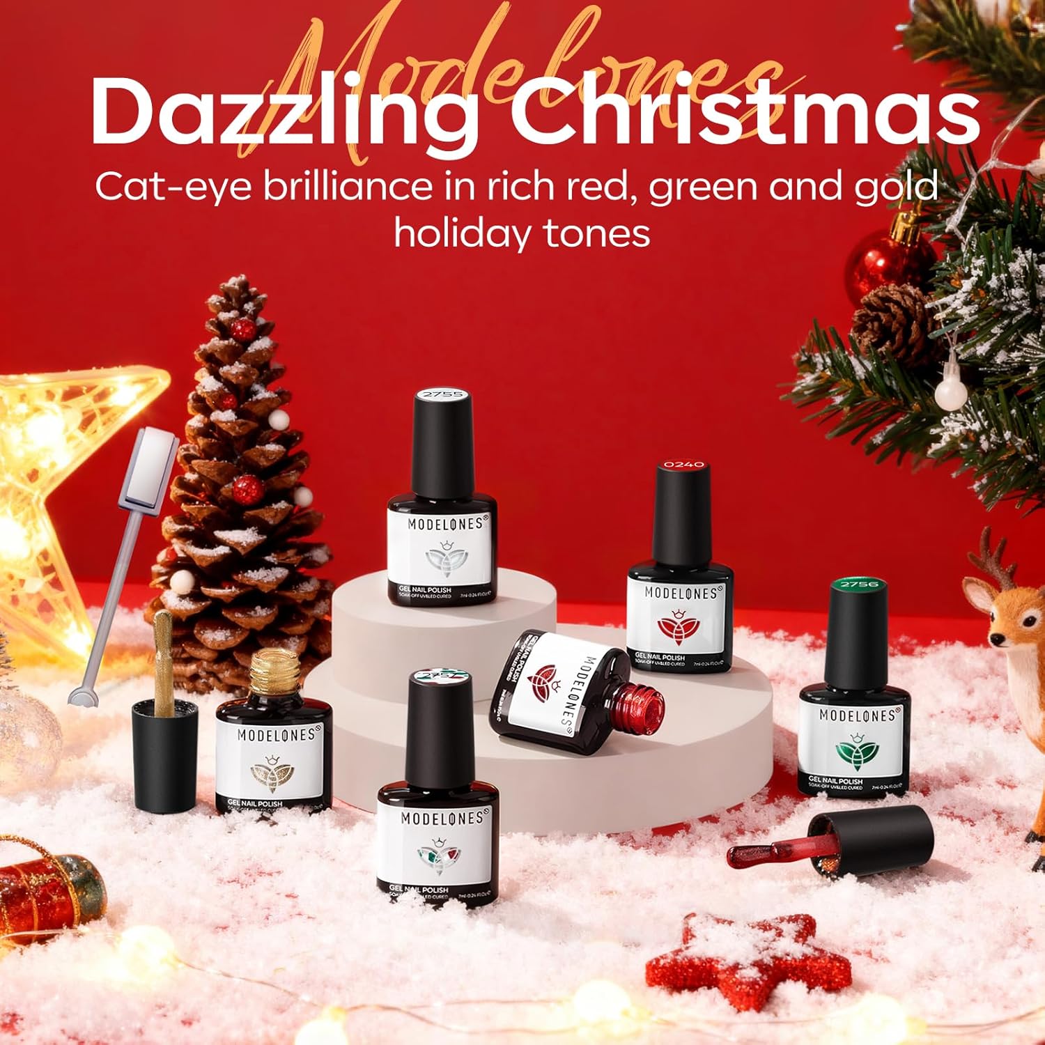 modelones Christmas Gel Nail Polish Set, 6 Colors Cat Eye Red Green Glitter Gold Silver Winter Gel Polish Kit with Magnet Nail Stickers Soak Off Led Nail Art Manicure Salon DIY New Year Holiday Gifts