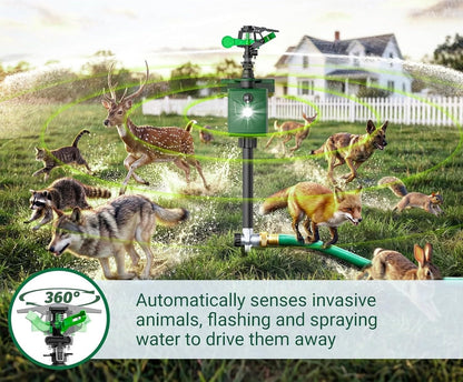 Motion Activated Sprinkler Deer Repellent Devices with Flashing Light, Solar Powerd Cat Repellent Outdoor with Motion Sensor - Keep Rabbits Shunks Dog Raccoons Birds Away from Lawn and Garden