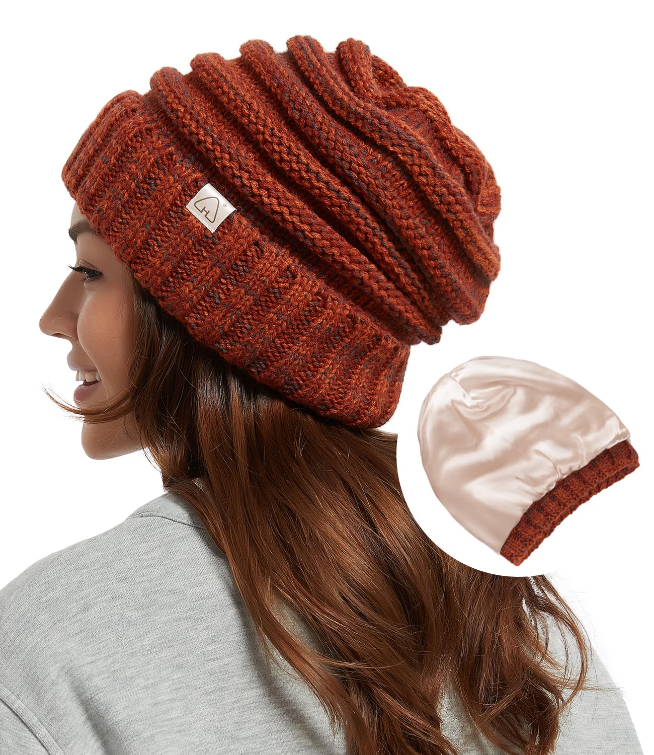 Hat Hut Womens Satin Lined Beanie Winter Hats with Silk Lining for Hair Slouchy Beanie Soft Warm Cable Knit Winter Hat