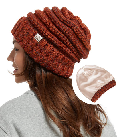 Hat Hut Womens Satin Lined Beanie Winter Hats with Silk Lining for Hair Slouchy Beanie Soft Warm Cable Knit Winter Hat