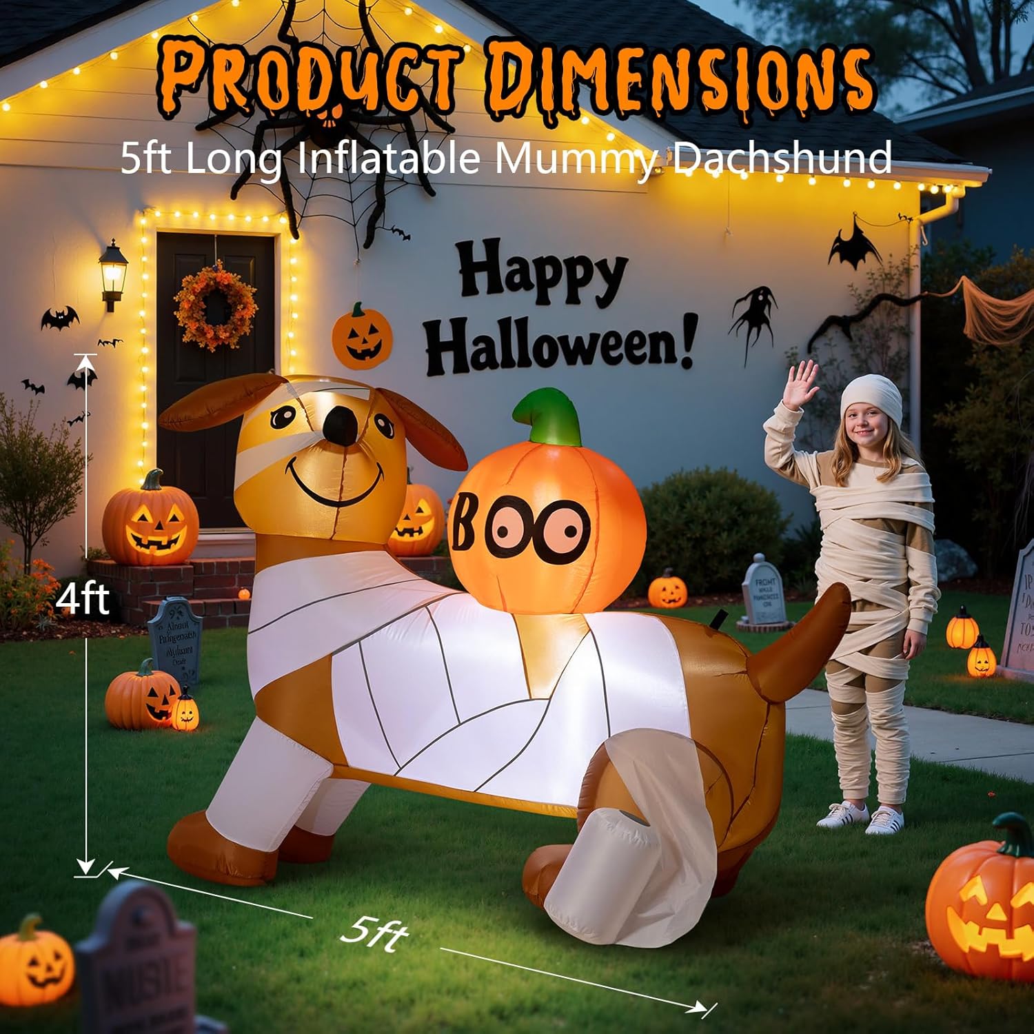 Dawdix 5FT Halloween Inflatable Mummy Dog Outdoor Decoration, Funny Blow Up Puppy Wrapped in Toilet Paper with Boo Pumpkin, Halloween Inflatable Dachshund Decor for Yard, Lawn, Garden, Porch