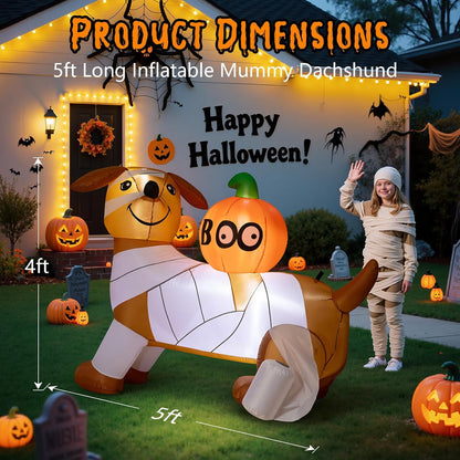 Dawdix 5FT Halloween Inflatable Mummy Dog Outdoor Decoration, Funny Blow Up Puppy Wrapped in Toilet Paper with Boo Pumpkin, Halloween Inflatable Dachshund Decor for Yard, Lawn, Garden, Porch