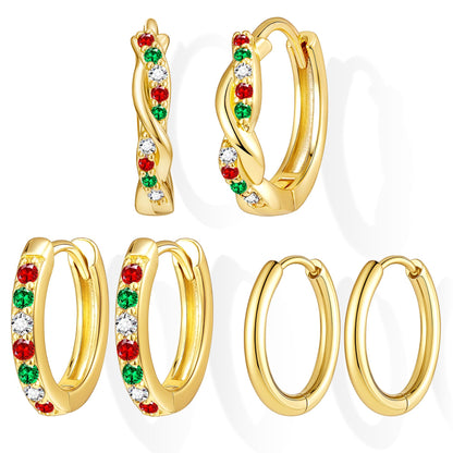 Inerney Gold Huggie Hoop Earrings Set for Women, Dainty Small Sterling Silver Earring Stacks Hypoallergenic Jewelry for Multiple Piercings, Trendy Twisted Cute Cartilage Hoops Birthstone Gift 3 Pairs