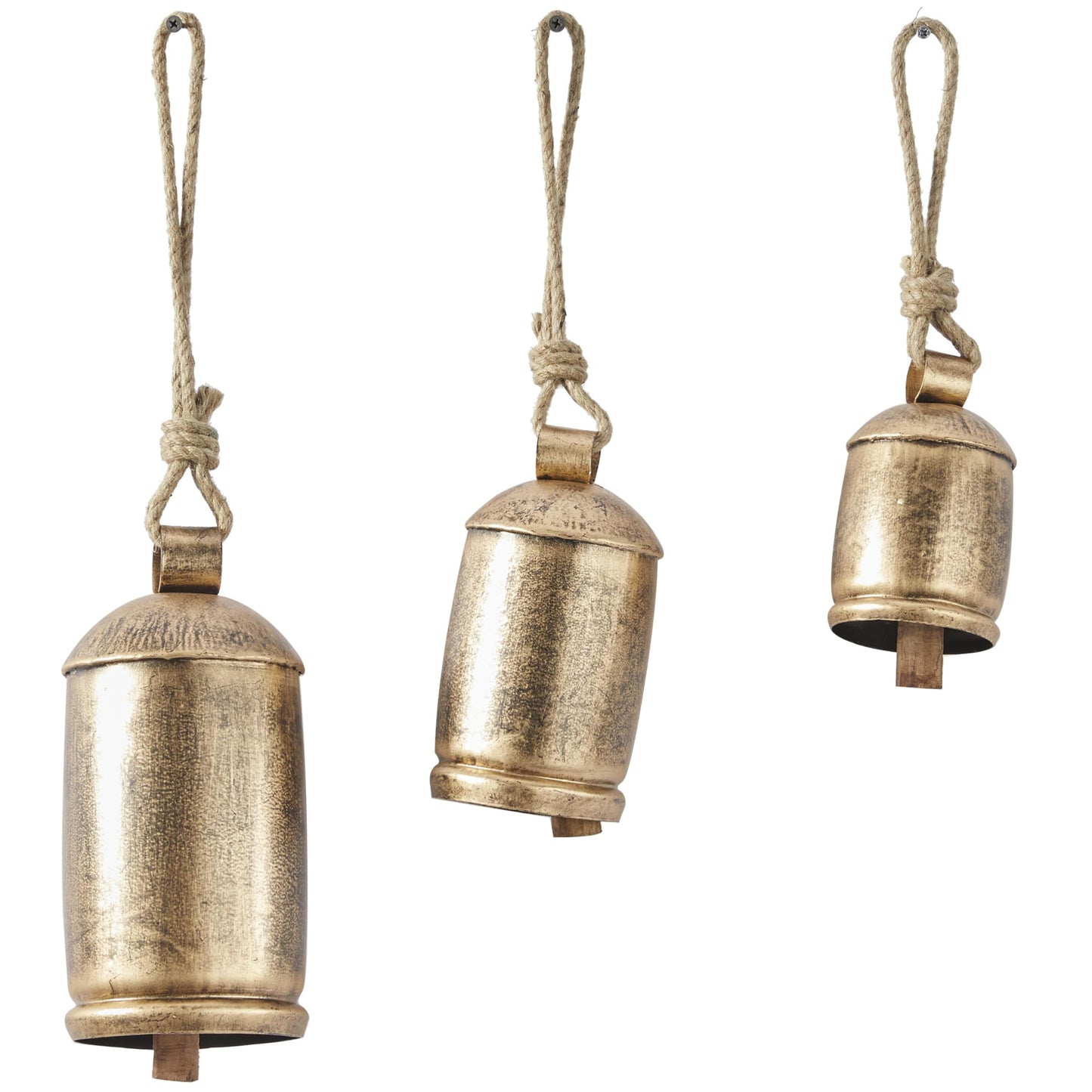 Deco 79 Gold Metal Tibetan Inspired Decorative Giant XL Cow Bells with Jute Hanging Rope, Set of 3 10",8",6"H - Cylindrical