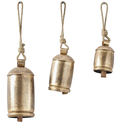 Deco 79 Gold Metal Tibetan Inspired Decorative Giant XL Cow Bells with Jute Hanging Rope, Set of 3 10",8",6"H - Cylindrical