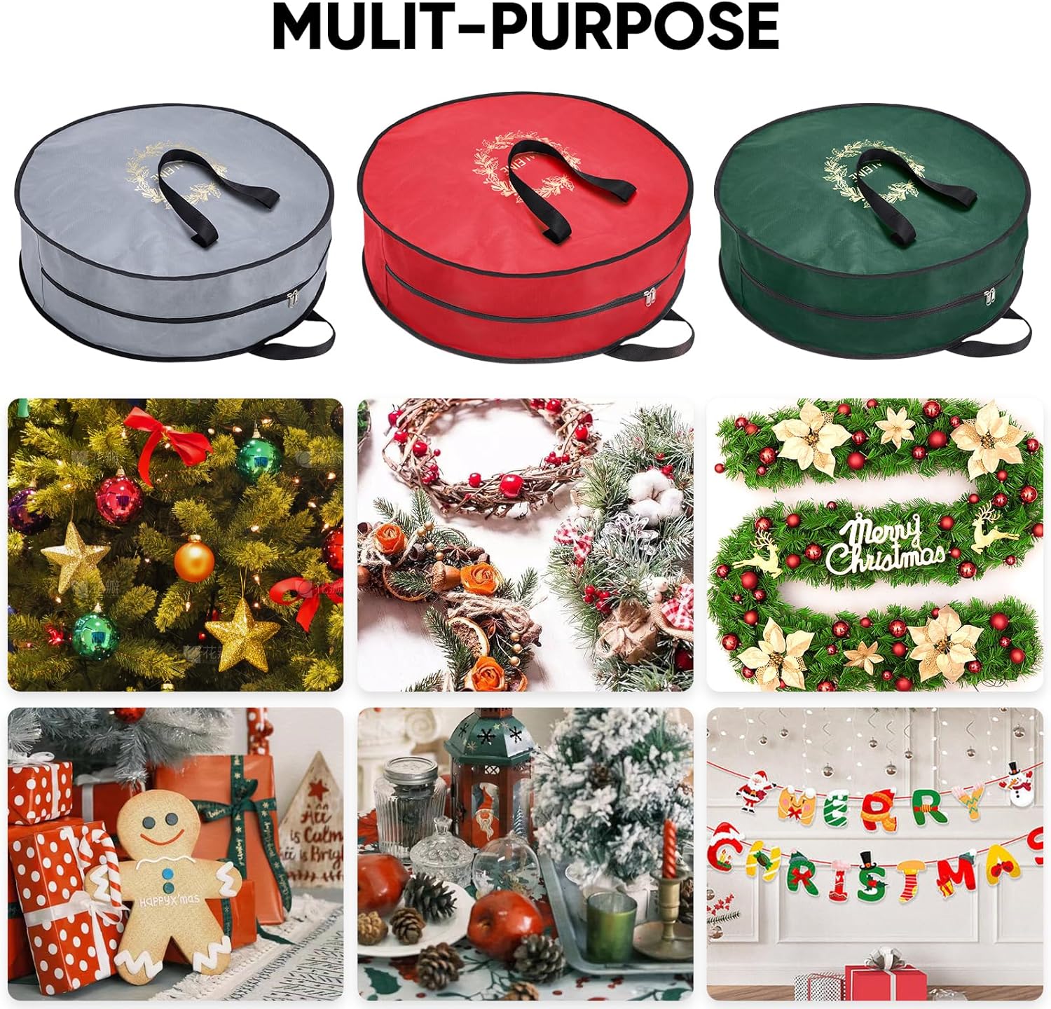 BALEINE 1 Pack Wreath Storage Container, Christmas Wreath Storage Bag with Reinforced Handle for Holiday Xmas (Green, 24"X8")