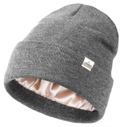 YANIBEST Womens Satin Lined Knit Beanie Hat Acrylic Winter Hats for Women Men Silk Lining Soft Slouchy Warm Cuffed Beanie Hat