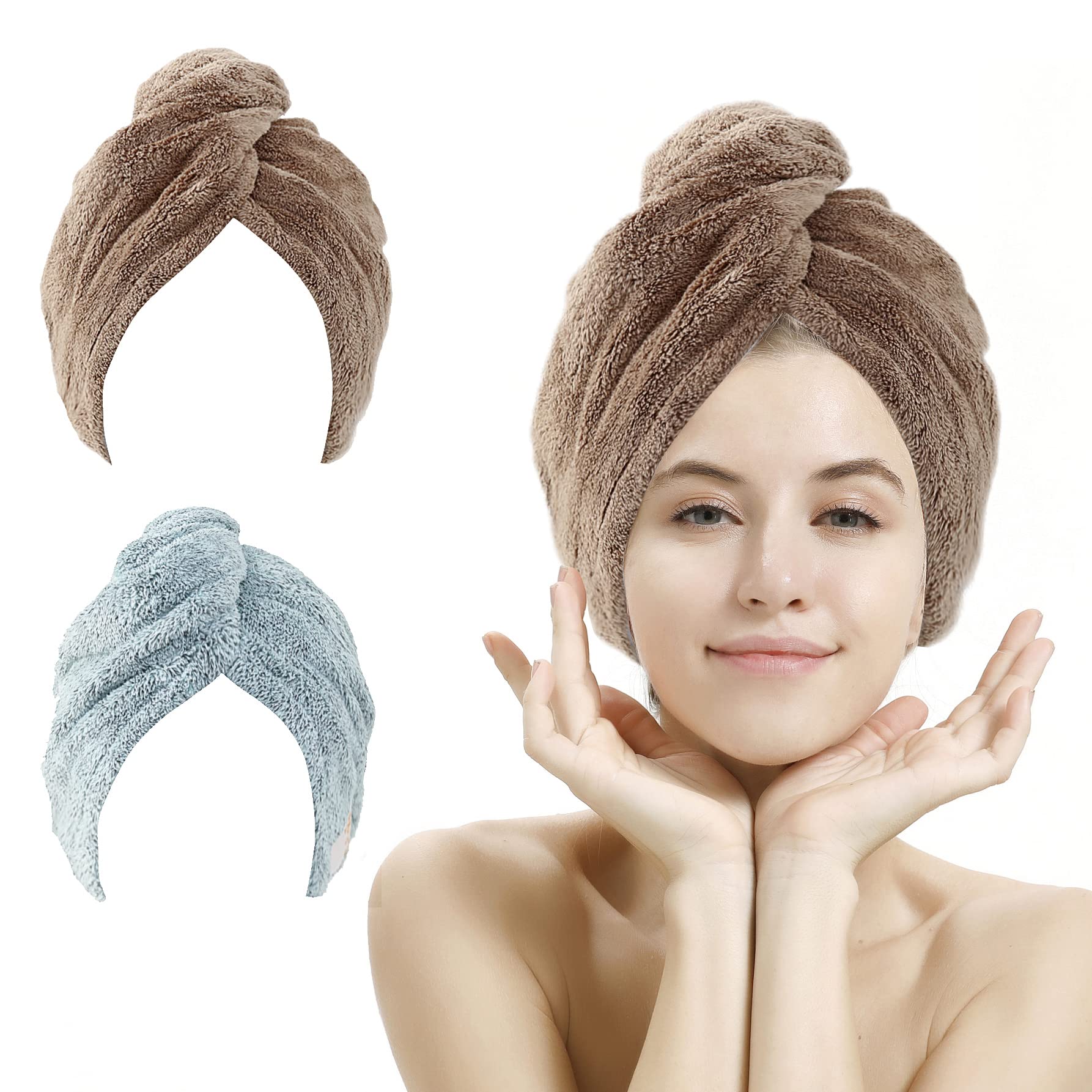 2 Pack Microfiber Hair Towel Wrap,Hair Drying Towel with Button, Towel Turban,Head Towel to Dry Hair Quickly (Pink&Beige)