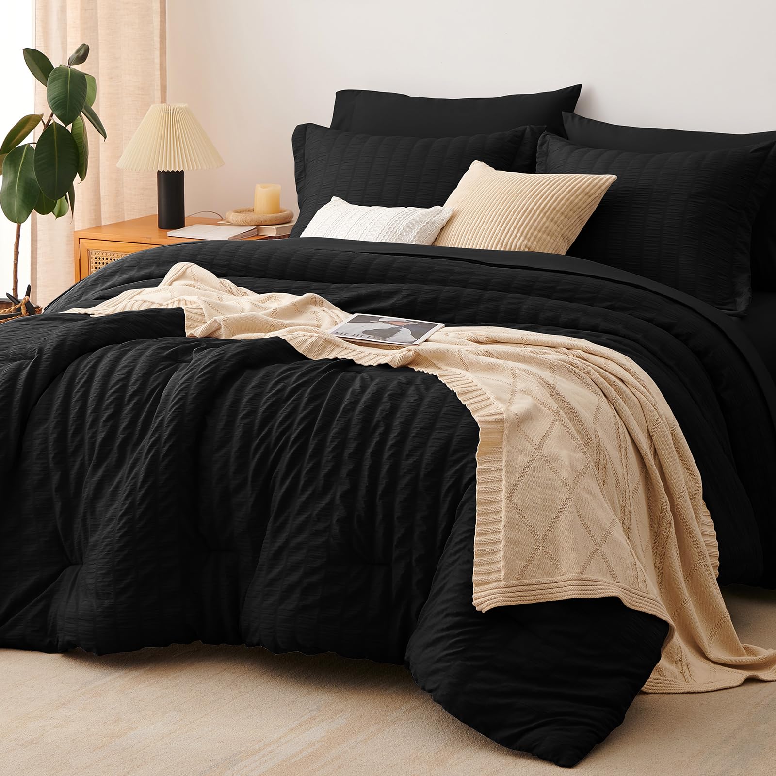 CozyLux Queen Comforter Set White Seersucker 7 Pieces Bed in a Bag Queen Comforter Set with Sheets, Luxury Soft Bedding Set with Down Alternative Comforter, Sheets, Pillowcases & Shams for All Seasons