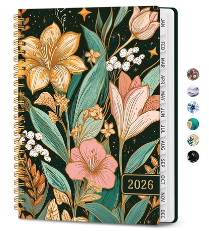 Hardcover 2026 Planner, Weekly and Monthly Calendar, Jan - Dec 2026 Planner Book with Tabs for Women, Inner Pocket, Spiral Bound, Perfect for Office/Home/School Supplies, Petals, A5, 6.3" x 8.5"
