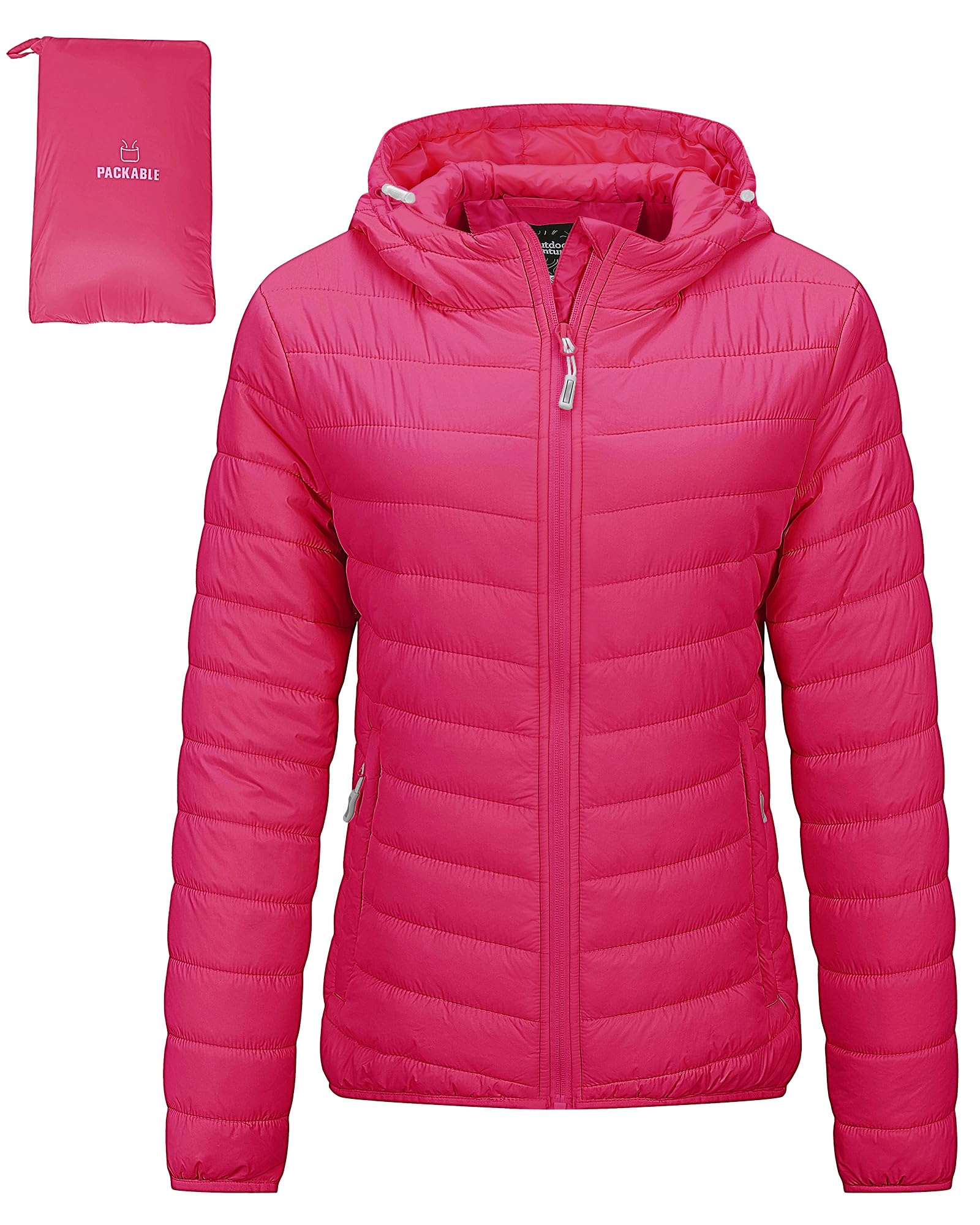 Outdoor Ventures Women's Packable Lightweight Full-Zip Puffer Jacket with Hood Quilted Winter Coat