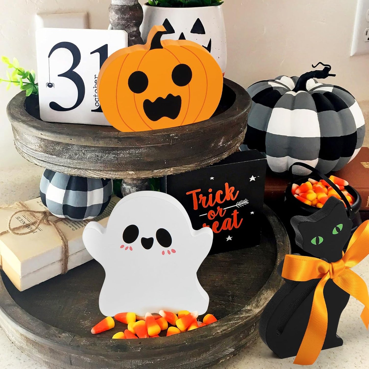 COCHIE Cute Halloween Tiered Tray Decorations Indoor, Ghost Wooden Decor Pumpkin Blocks Signs (Set of 3)