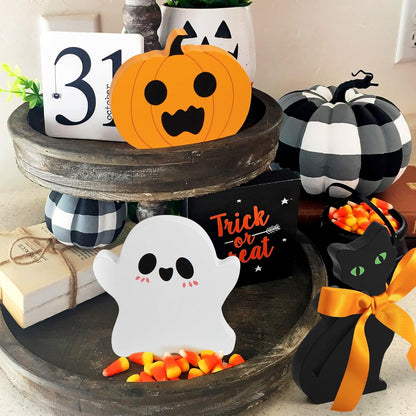 COCHIE Cute Halloween Tiered Tray Decorations Indoor, Ghost Wooden Decor Pumpkin Blocks Signs (Set of 3)