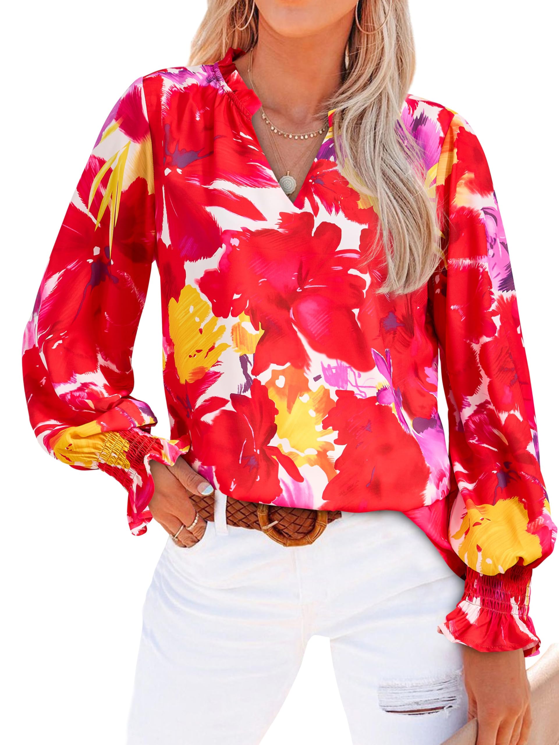 MASCOMODA Womens V Neck Floral Long Sleeve Tops 2025 Summer Casual Loose Puff Sleeve Chiffon Boho Work Blouse Dressy T Shirts