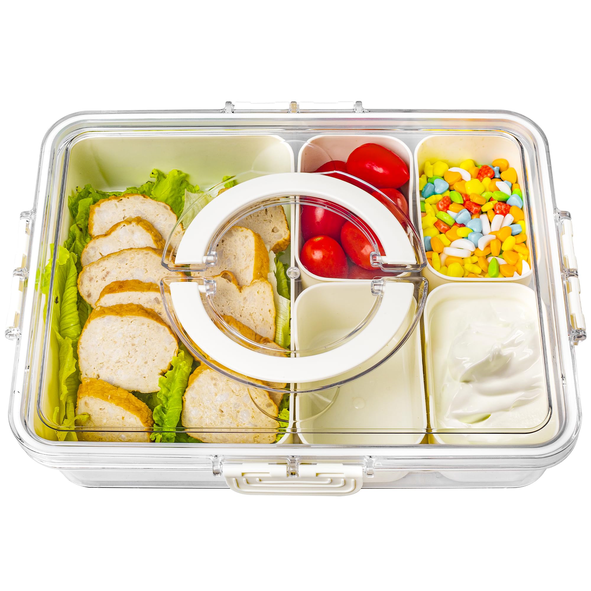 Bandesun Divided Serving Tray with Lid and Handle - Snackle Box Charcuterie Container for Portable Snack Platters - Clear Organizer for Candy, Fruits, Nuts, Snacks - Perfect for Party, Entertaining