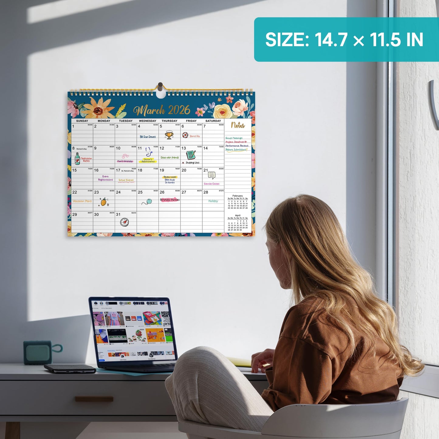 2026 Calendar, Monthly Wall Calendar from October 2025 to June 2027, 11.5" x 14.7", Spiral Binding Hanging Wall Calendar, Perfect for Home or Office,Floral