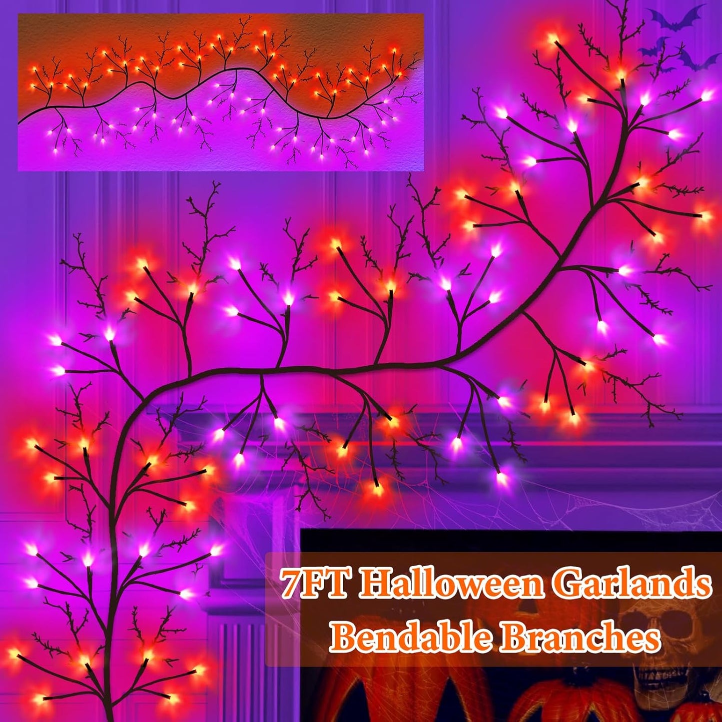 7 Ft Halloween Decorations Willow Vine Twig Garland with 8 Modes Timer 63 LED Orange Purple Lights, Halloween Garland with Waterproof Battery Operated for Wall Fireplace Decorations Indoor Outdoor
