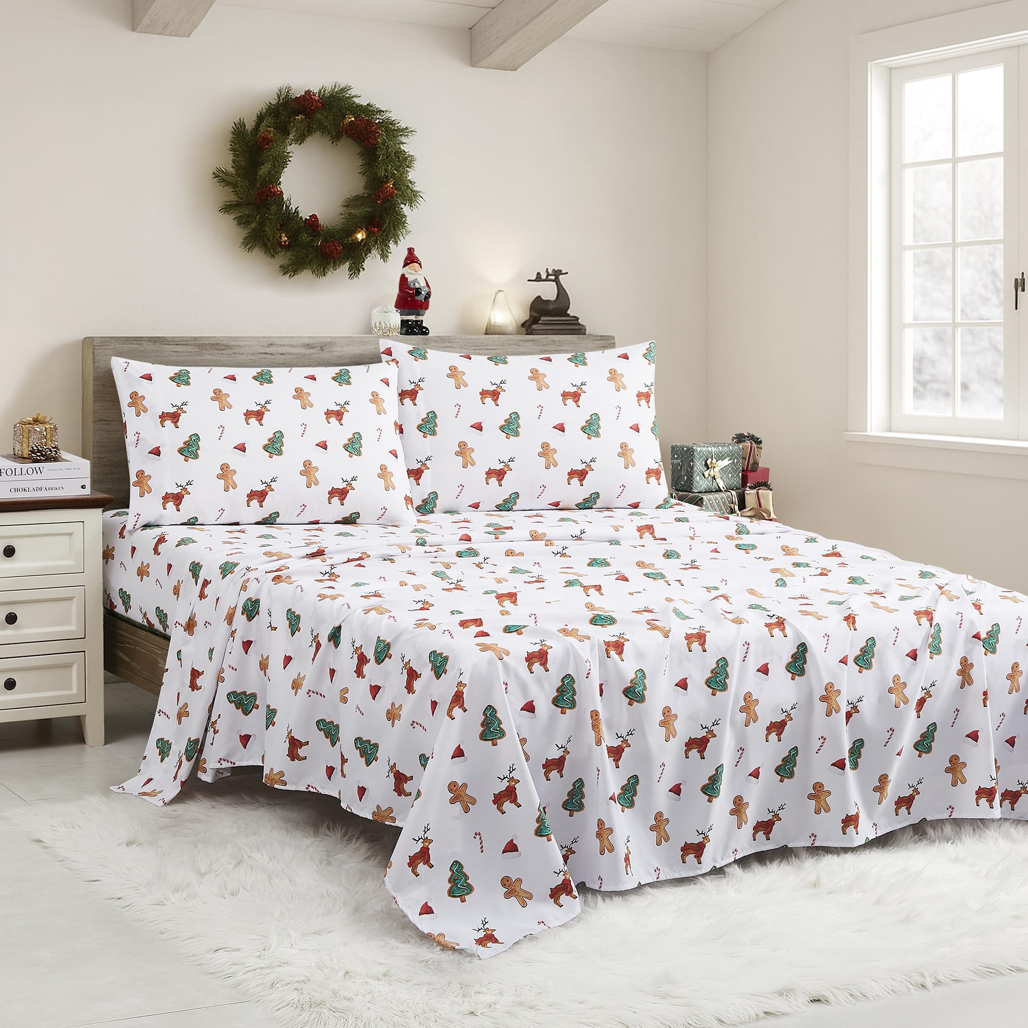 Christmas Sheets King Size with Built‑in Sheet Straps – Cozy Christmas Bedding for Holiday Cheer & Winter Dreams – Soft, Snug Sleep for Seasonal Celebrations, Polar Bear & Reindeer