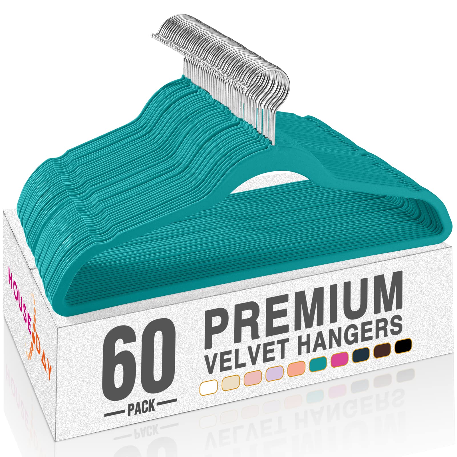 HOUSE DAY Black Velvet Hangers 60 Pack, Non Slip Clothes Felt Hanger Heavy Duty for Coat, Premium Slim Space Saving Suit Hangers for Closet Organizer, 360° Rotating Silver Hook