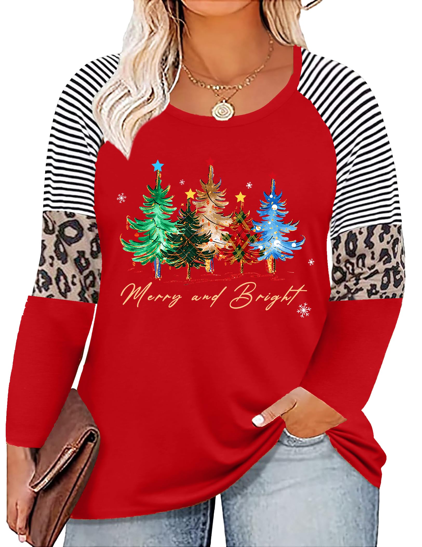Plus Size Christmas T Shirt Women Xmas Leopard Plaid Trees Print Tees Casual Long Sleeve Holiday Shirts Top