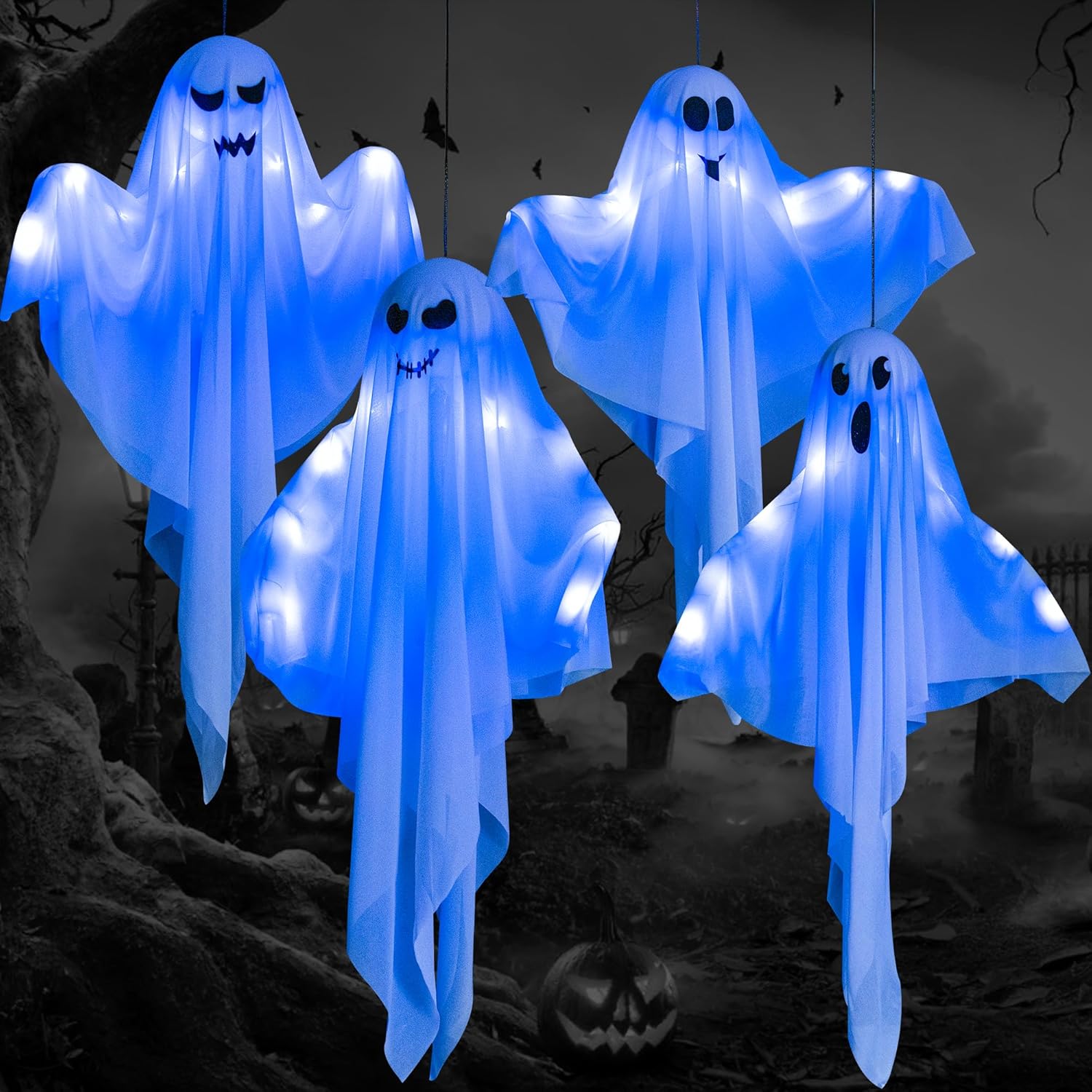 4 Pack Halloween Hanging Ghost Decorations, 27.5" Light Up Spooky Floating Ghosts with Blue LED, Outdoor & Indoor Haunted House, Porch, Yard, Party Decor, Patio Lawn Garden