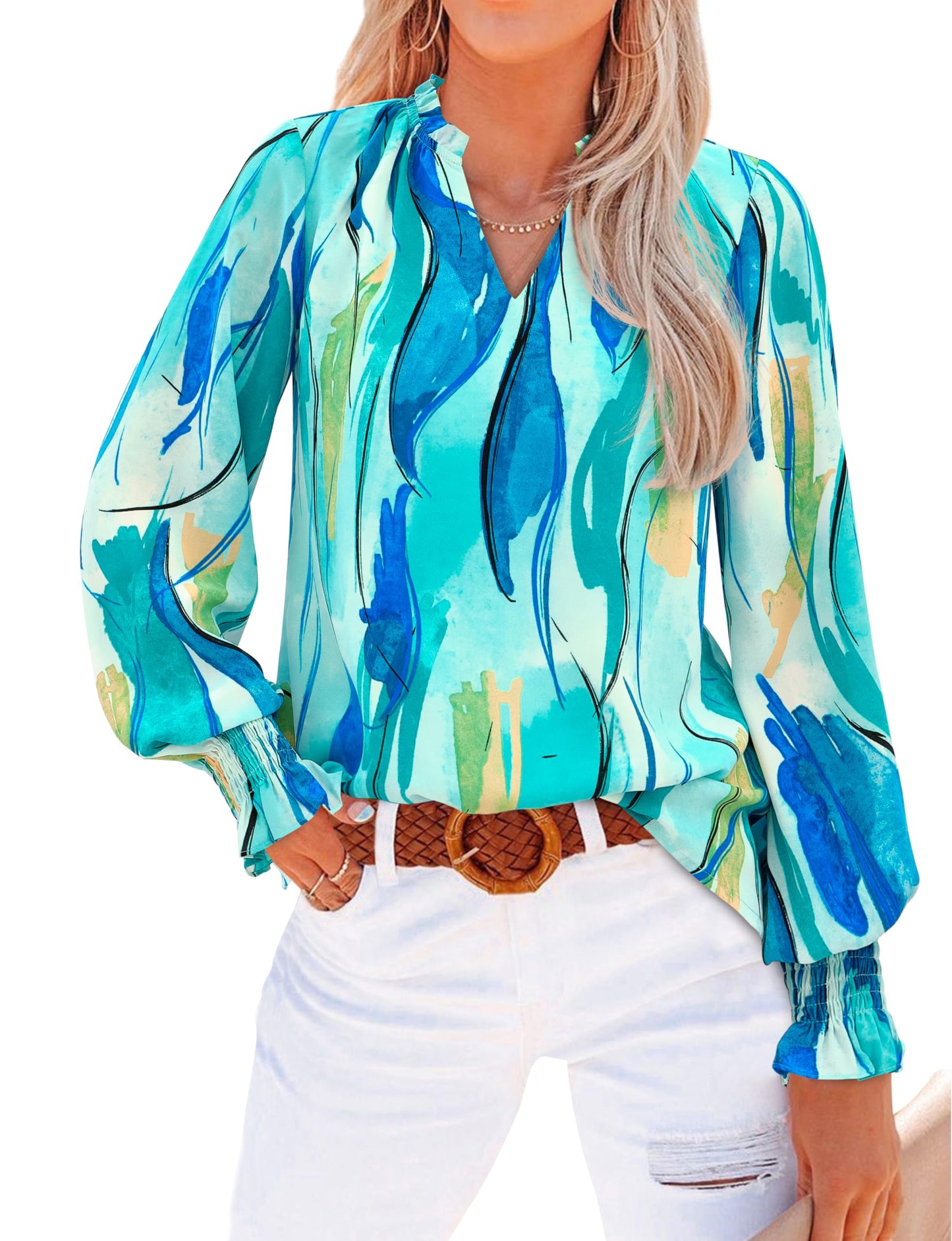 MASCOMODA Womens V Neck Floral Long Sleeve Tops 2025 Summer Casual Loose Puff Sleeve Chiffon Boho Work Blouse Dressy T Shirts