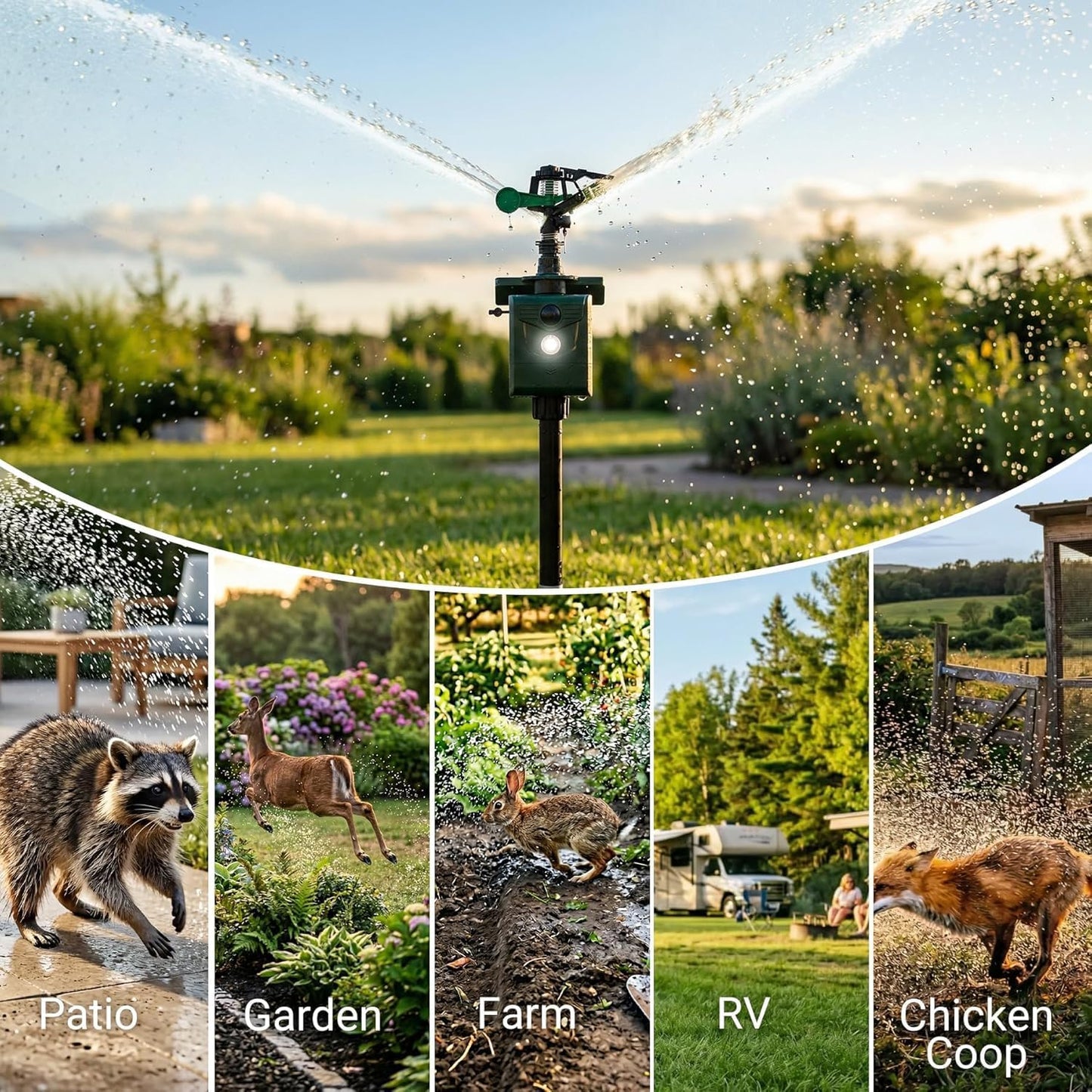 Motion Activated Sprinkler Deer Repellent Devices with Flashing Light, Solar Powerd Cat Repellent Outdoor with Motion Sensor - Keep Rabbits Shunks Dog Raccoons Birds Away from Lawn and Garden