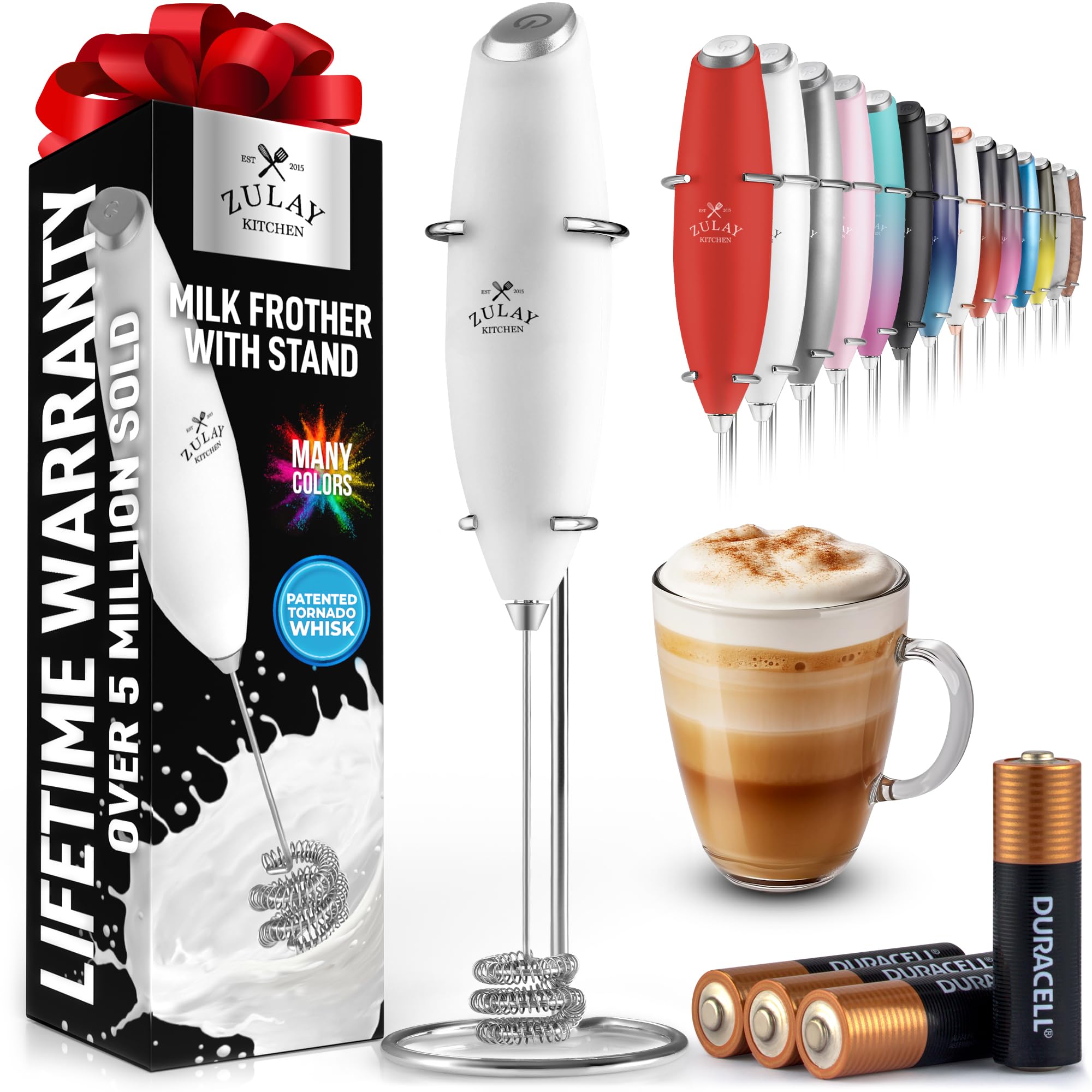 Zulay Kitchen Powerful Milk Frother Wand With 2 Duracell Batteries - Ultra Fast Handheld Drink Mixer - Electric Whisk Foam Maker for Coffee, Lattes, Cappuccino, Matcha, Hot Chocolate & Creamer - Black