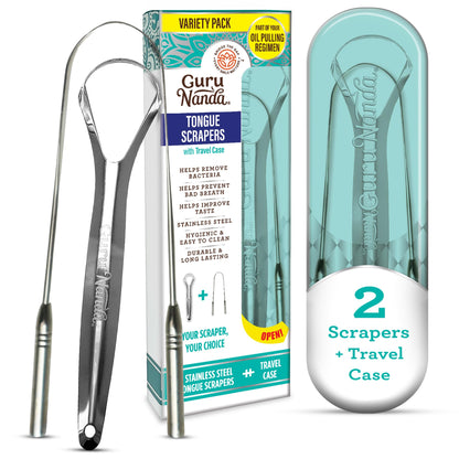 GuruNanda Tongue Scraper for Adults (2 Pack) with Travel Case, 420 Medical-Grade 100% Stainless Steel Tongue Cleaner, Aids in Fresh Breath & Oral Care
