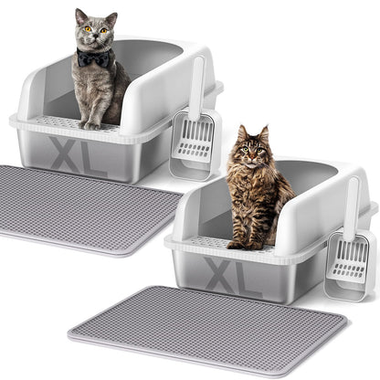 Stainless Steel Cat Litter Box with Lid, 24" L x 16" W x 11.8" H, Extra Large Litter Box for Big Cats with High Sided, Anti-Urine Leakage, Easy Cleaning, Include Cat Mat and Scoop