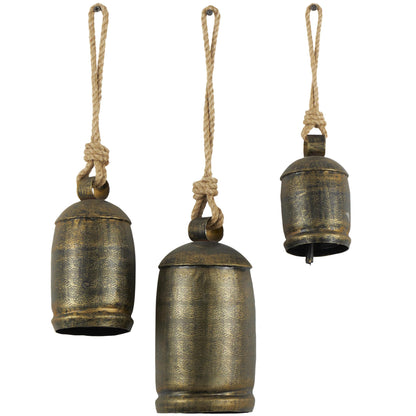 Deco 79 Gold Metal Tibetan Inspired Decorative Giant XL Cow Bells with Jute Hanging Rope, Set of 3 10",8",6"H - Cylindrical