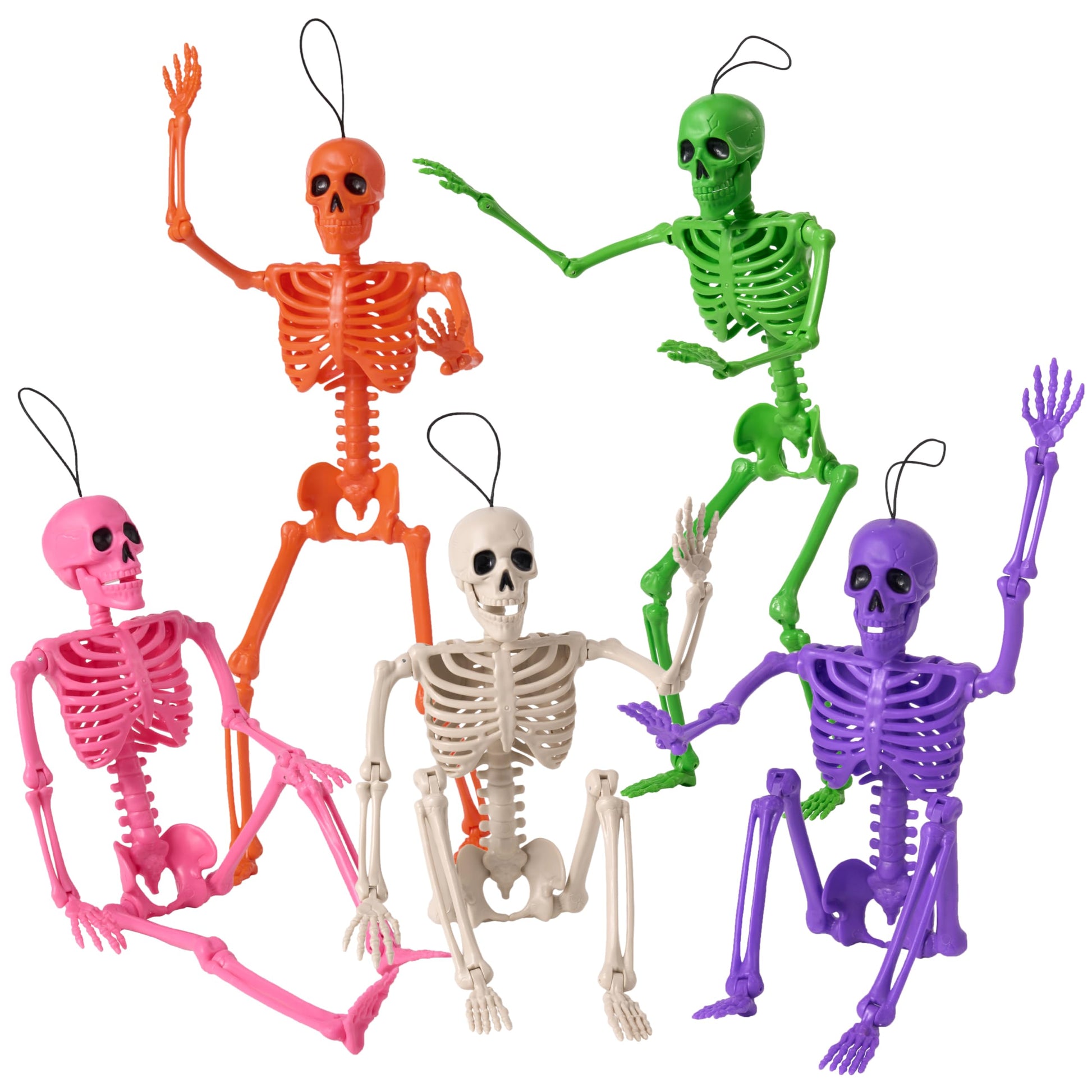 JOYIN 5 PCS Posable Halloween Skeleton Decor 16 Inches, Full Body Posable Joints Hanging Skeletons for Halloween Decorations, Graveyard Props, Haunted House Accessories, Spooky Scene Party Favors