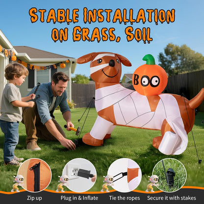Dawdix 5FT Halloween Inflatable Mummy Dog Outdoor Decoration, Funny Blow Up Puppy Wrapped in Toilet Paper with Boo Pumpkin, Halloween Inflatable Dachshund Decor for Yard, Lawn, Garden, Porch