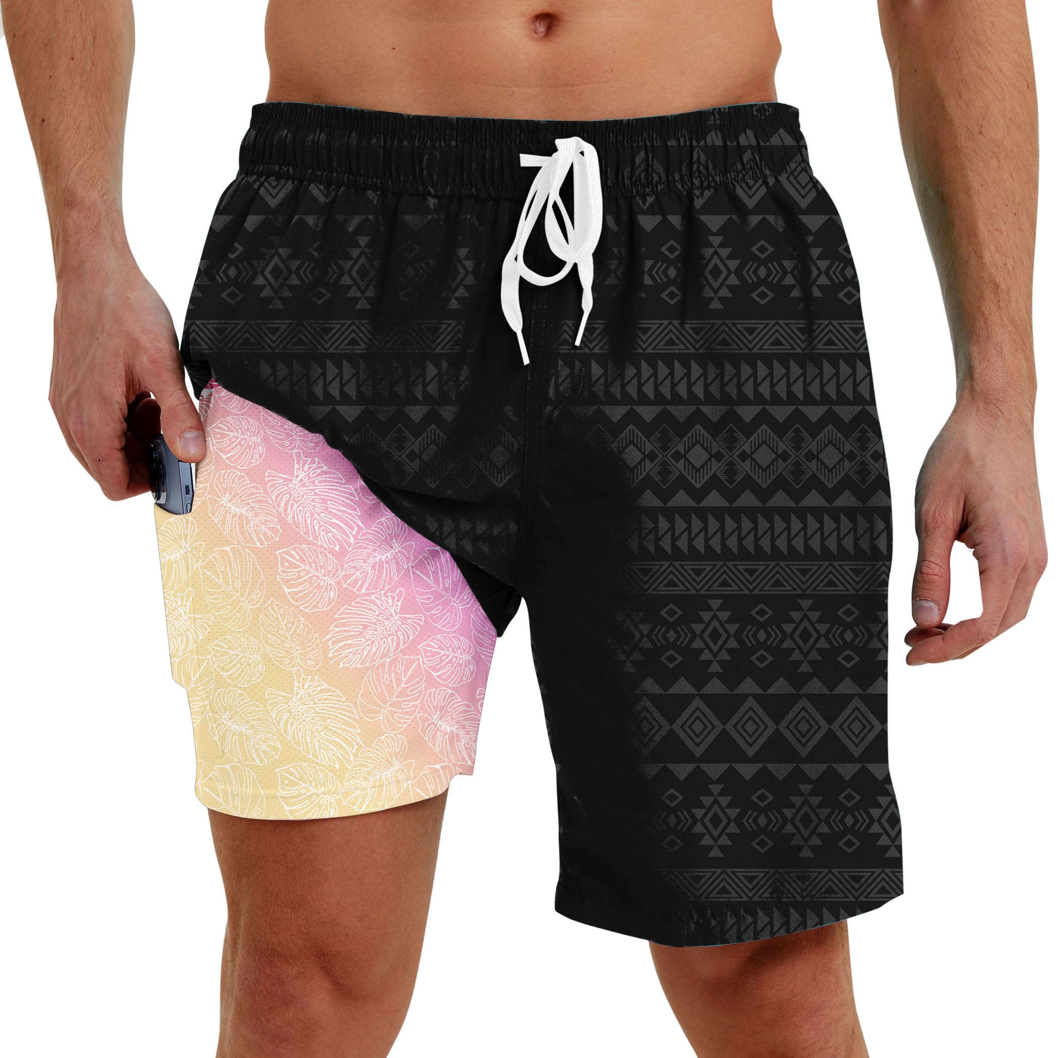 Men Swim Trunks with Compression Liner Men's 2 in 1 Bathing Suits 7 Inch Hawaiian Board Shorts