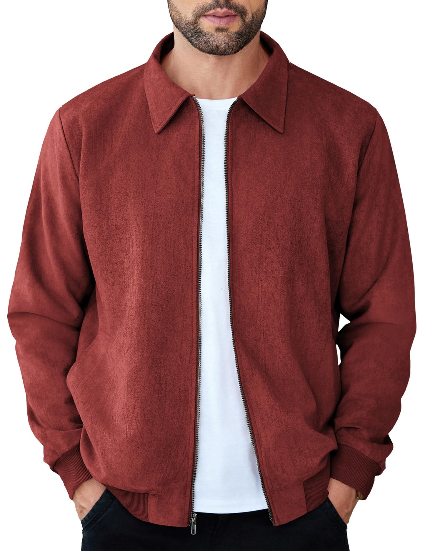 COOFANDY Men's Casual Suede Bomber Jacket Lightweight Full Zip Up Jackets Vintage Faux Leather Jacket
